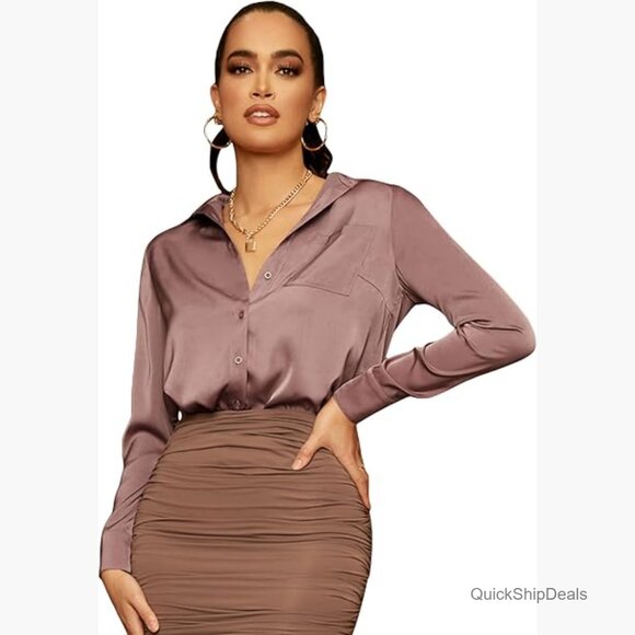 Tops - Satin Long Sleeve Button Up Blouse Work Office Silky Shirt